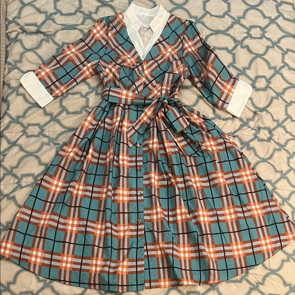 Women's grid plaid print turquoise dress